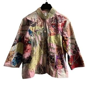 Parsley & Sage Jacket Womens L Pink Colorful Mixed Patchwork Lace Ribbon Artsy